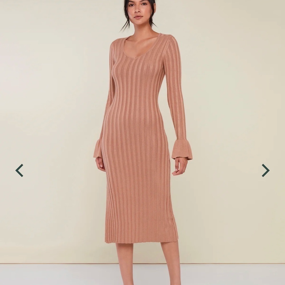 NWT Rachel Parcell WIDE RIB SWEATER DRESS camel brown bell sleeve slit ribbed